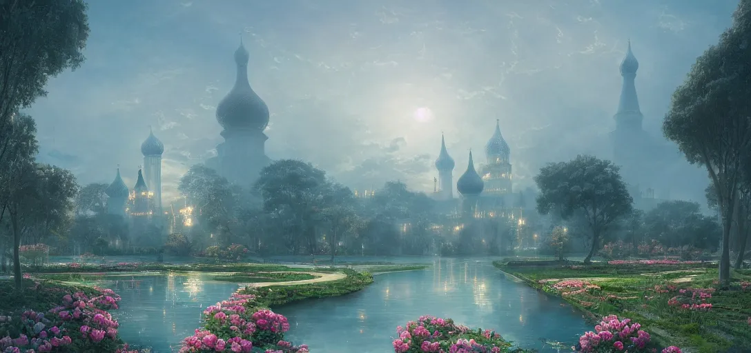 Image similar to vanishing point, palace like the kremlin in distance on a lake is covered with aqua blue roses, viewed from afar, stephen bliss, misty, unreal engine, fantasy art by greg rutkowski, loish, ferdinand knab, and lois van rossdraws,, global illumination, radiant light, minimalist, detailed and intricate environment