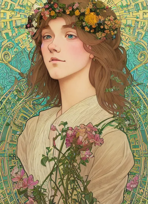 Prompt: pretty young man with shoulder length blond hair, half body shot, emotional, decorative flower patterned background, path traced, highly detailed, high quality, digital painting, by studio ghibli and alphonse mucha, leesha hannigan, hidari, disney, jules bastien - lepage, art nouveau, martine johanna