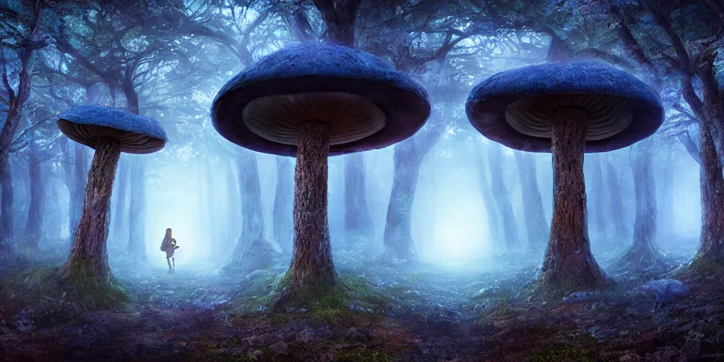 Image similar to a hiker discovers a large portal to an alternate dimension in a dark gloomy foggy fantasy mushroom forest, blue lights suround the portal, large mushrooms, high quality rendering, digital art