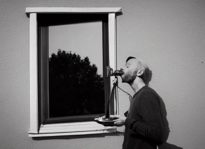 Image similar to a camera obscura photo a man licking his window