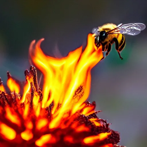 Prompt: a bee landing on a burning flower, the background is on fire, there is fire everywhere, beautiful macro photography, perfect focus, nice composition