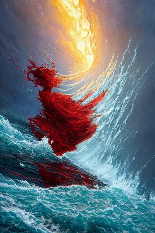 Image similar to Turbulent ocean of blood with canvas that catches liquid fire, intricate ruby, Stephen Bliss, Greg Rutkowski, Loish, Rhads, ferdinand knab, Makoto Shinkai rossdraws, concept art, art nouveau, Reylia Slaby, Peter Gric, Tom Bagshaw, global illumination, volumetric lighting, CGsociety, blood, radiant light, detailed and intricate environment