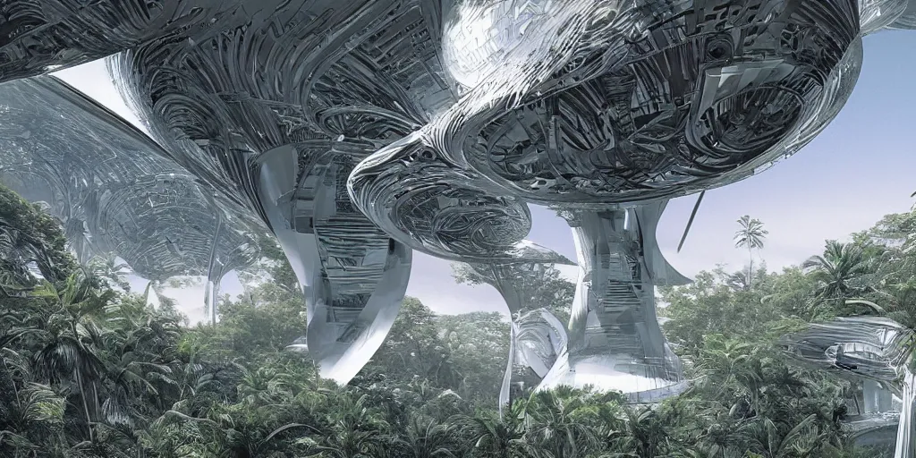 Image similar to a twirly futuristic architecture made of chrome right in the middle of a huge crater in a tropical forest, ralph maquarrie and syd mead cinematic matte painting, 4 k