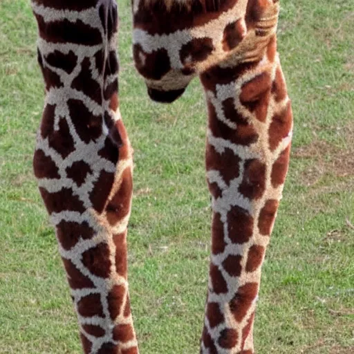 Prompt: a giraffe with human legs and hairy feets
