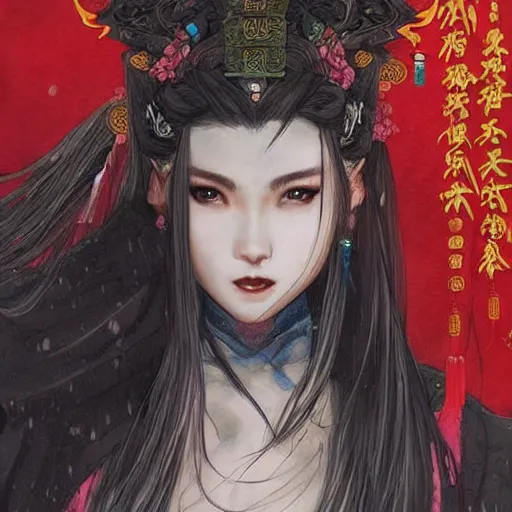 Image similar to An epic fantasy comic book style portrait painting of a gorgeous sword dance Chinese costume woman , by WLOP trending on pinterest and artbreeder, long hair, smoke, flowers rain everywhere, full body XIANXIA, Chinese temple, depth of field by Yoji Shinkawa 4k