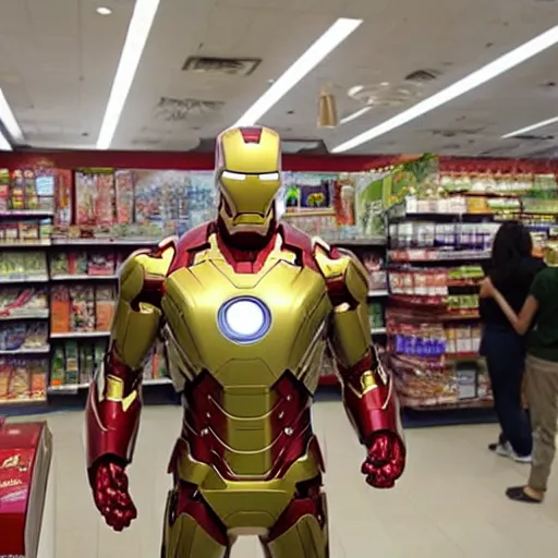 Image similar to Iron Man working as a 7/11 cashier, counter, laser scanner, macro, wide wide shot, very detailed, beautiful lighting