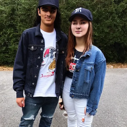 Image similar to 19-year-old girl, long shaggy black hair, wearing denim jacket and jeans, standing next to 18-year-old boy wearing backwards baseball cap and baggy jeans