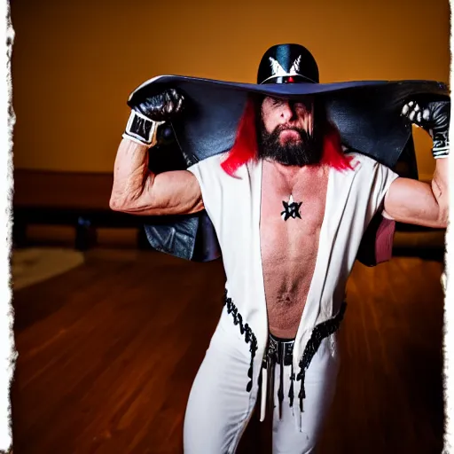 Prompt: macho man randy savage as a vampire, canon ef 3 5 mm f / 1. 4 l, moody lighting