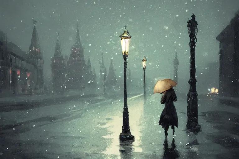 Image similar to lonely road of moscow at night with a single lamp post, 4 k, walking woman with umbrella, artstation, detailed, by greg rutkowski,