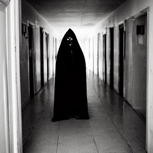Image similar to Sinister ghost of an old crone with sunken eyes and a grimace smile standing ominously at the end of a dark corridor. Horror HD photo