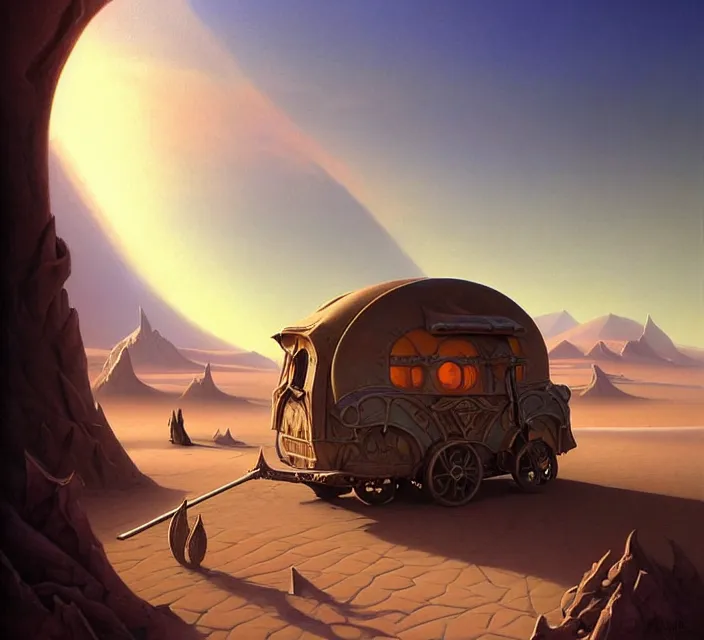 Image similar to subsurface scattering, a desert caravan rests at an azure watery oasis, the art of athas and dark sun, brom's dark sun art on a 7 0's style fantasy novel cover, digital painting by brom, amazingly detailed d & d art, concept art, intricate details, beautiful, volumetric lighting, ultrarealistic, cgsociety, artstation