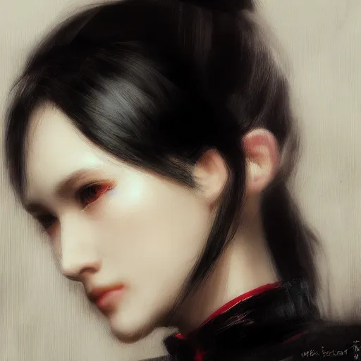 Image similar to a cute girl by ruan jia, closeup headshot, black ponytail, movie style, high detailed.