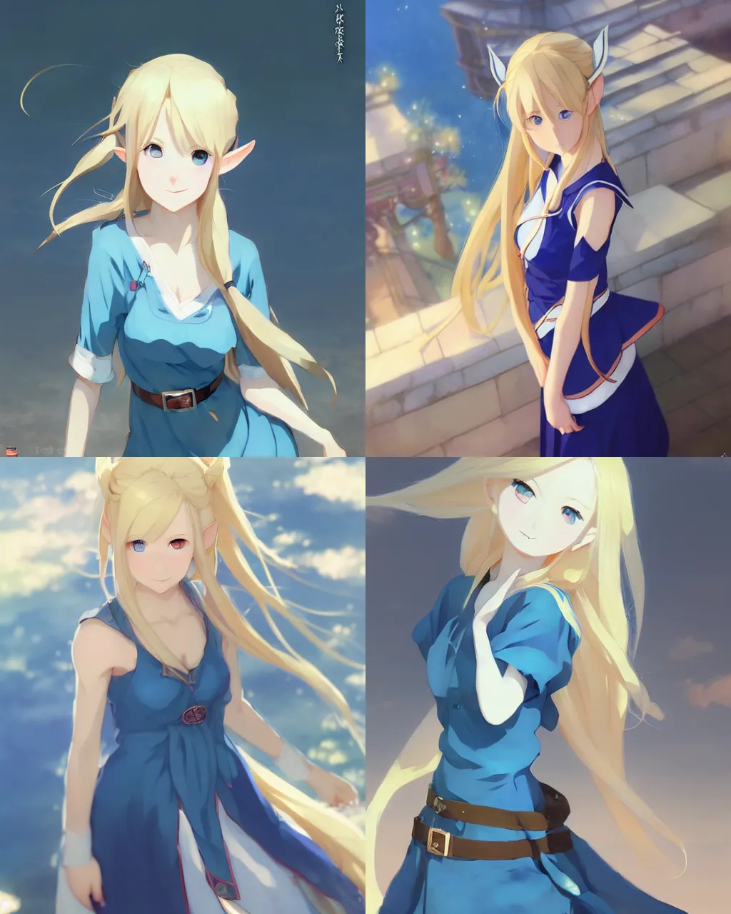 Prompt: elf girl with blonde hair and blue dress, oriental face, half - length photo, soft lighting, by makoto shinkai an krenz cushart, wide angle