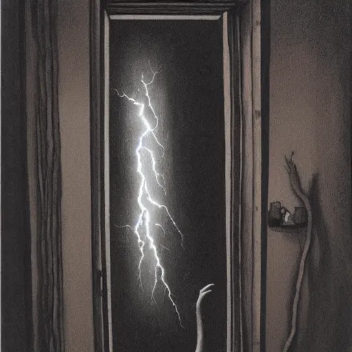 Image similar to scary painting of the horrific tall man with a big mouth full of teeth, exiting from a wardrobe, lightning from a window at the moonlight, bedroom, horror, spooky, paranormal monster, mystery, photorealism, dramatic lighting, by wayne barlowe, children's book, illustration, trending on artstation