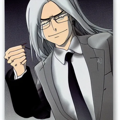 Image similar to an evil corporation ceo with gray long hair and a smirk, by ghibli