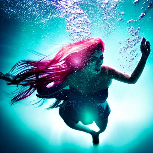 Prompt: a woman underwater photography with light scattering and water refractions, smooth