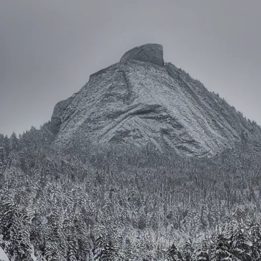 Image similar to a monolithic mountain in a taiga. overcast sky, snowing.