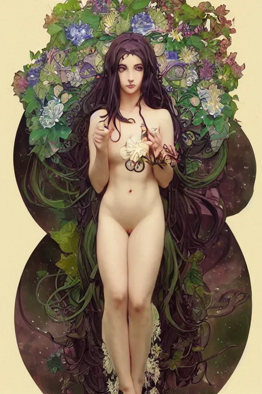 Image similar to Art Nouveau Queen of the moon, Lush Garden Leaves and Flowers, Sensual Angelic woman in a manga cover style, full body image, headshot, D&D, fantasy, highly detailed, digital painting, artstation, concept art, sharp focus, illustration, art by artgerm and greg rutkowski and alphonse mucha