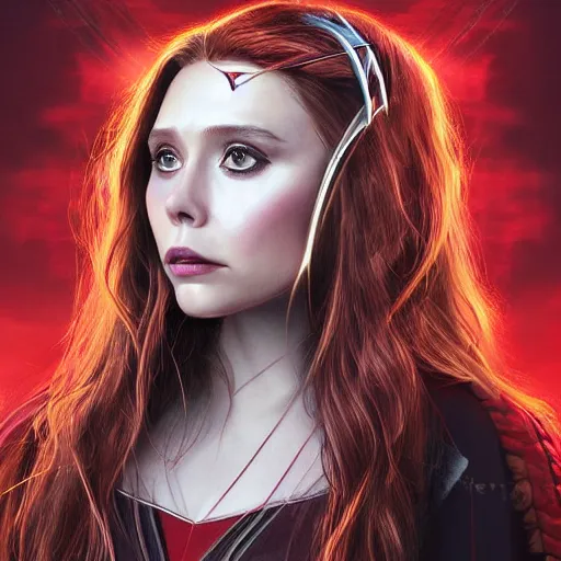 Image similar to A portrait of elizabeth Olsen as scarlet witch with horns, cinematic, digital art, amazing detail