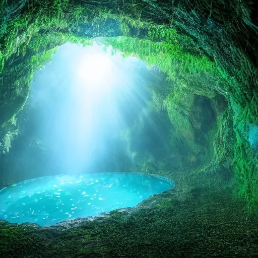 Image similar to a professional photograph of a glowing cave hidden by a curtain of vines and hidden by lush green vines, small pool of water, trickling water, stone, hidden, forest, night, glow, magical, magic, fantasy, high quality, highly detailed, award-winning, awe-inspiring, spectacular, HD, 4K, 8K