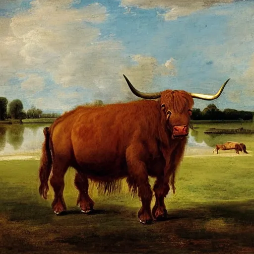 Prompt: oil painting by watteau of a highland cow and a hippopotamus at versailles n - 6