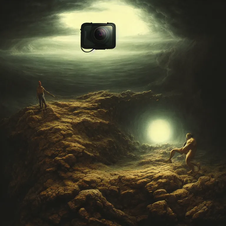 Image similar to man escaping hell, selfie gopro footage, fisheye, landscape portrait surreal painting, perfect composition, beautiful detailed intricate octane render, artstation, 8 k, photorealistic, volumetric cinematic light, chiaroscuro, masterpiece, raphael, bosch, caravaggio, beksinski, giger