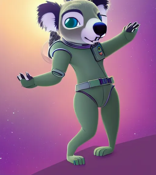 Prompt: digital detailed full body of anthromorphic female koala, in style of zootopia, fursona, furry, furaffinity, 4 k, deviantart, wearing astronaut outfit, in style of zootopia, floating in space, space background, in deep space, dark background, hyena fursona, cyberpunk, female, detailed face,