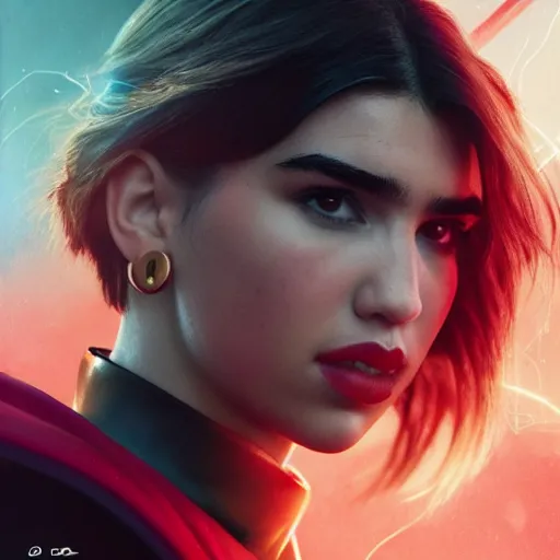 Image similar to a potrait of dua lipa potrayed as Supergirl by Zack Snyder, Christopher Nolan, 8k photorealistic, cinematic lighting, HD, high details, dramatic, trending on artstation, above view, dark atmosphere,