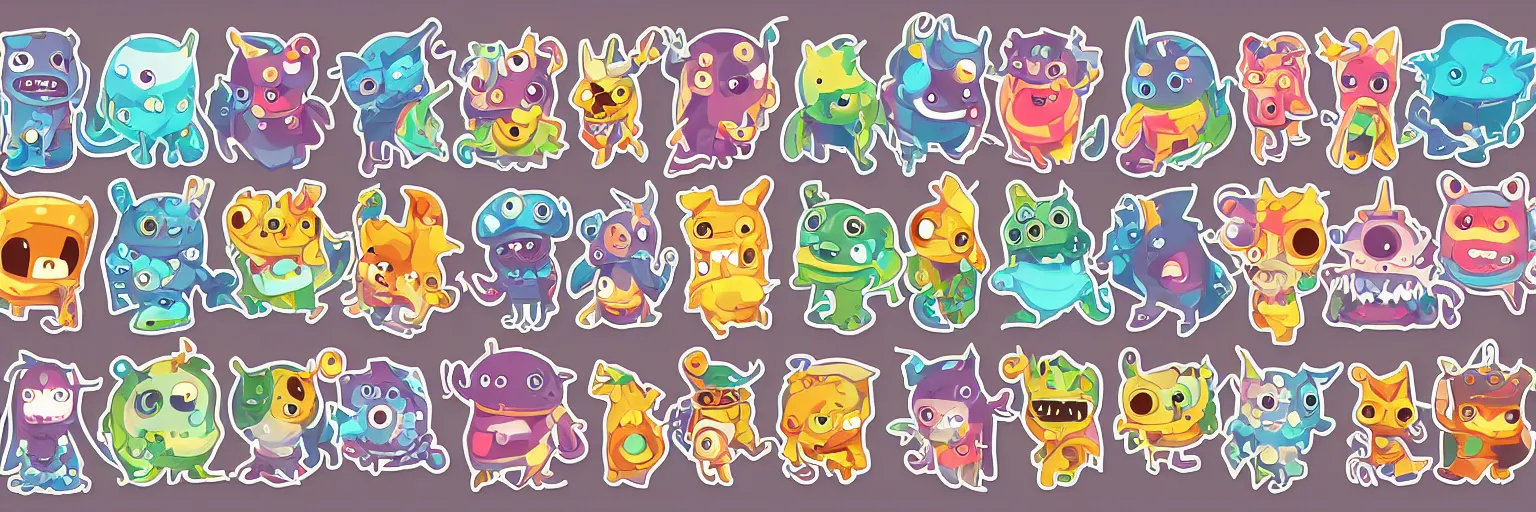 Prompt: symmetrical cute monsters, vector staravia sticker art, sticker, clean background, illustration, spread sheet, cronobreaker, beeple game icon