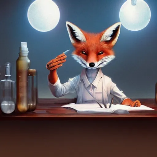 Prompt: A fox doing science, humanoid fox at a science table, chemicals, by Stanley Artgerm Lau, WLOP, Rossdraws, James Jean, Andrei Riabovitchev, Marc Simonetti, and Sakimichan, trending on artstation