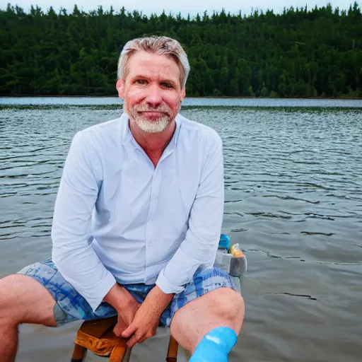 Image similar to portrait of 5 3 year old white male, blue eyes, greying hair, thinking back to his childhood days of spending summer vacations fishing on lake simard in mofett quebec, 4 k