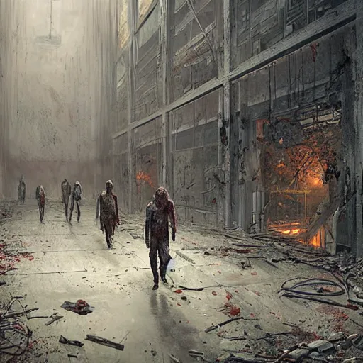 Image similar to zombies walking inside an abandoned laboratory, Matte painting , detailed painting, greg rutkowski