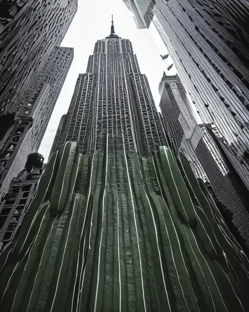 Prompt: a giant cucumber standing instead of the empire state building in new york, extreme long shot, 8 k resolution