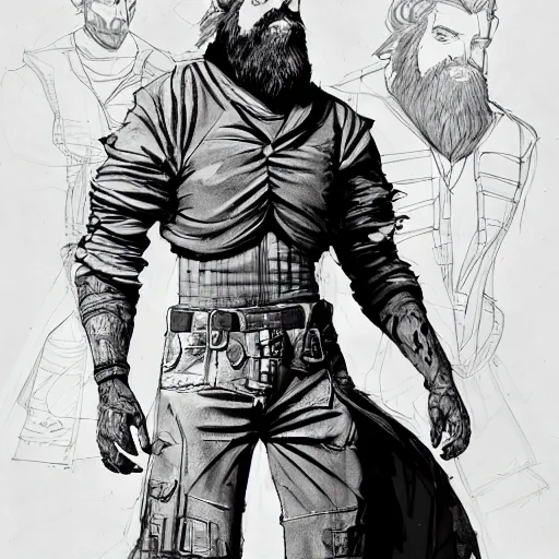 Prompt: concept art character, very high angle view, book cover, very attractive man with beard, walking in cyberpunk valley highly detailed full body, strong masculine features, sturdy body, command presence, royalty, smooth, sharp focus, organic, appealing, book cover, deep shadows, by Dave McKean, borderlands 3, sketch lineart for character design