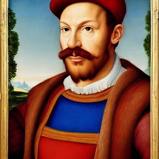 Prompt: a beautiful renaissance painted portrait of super mario