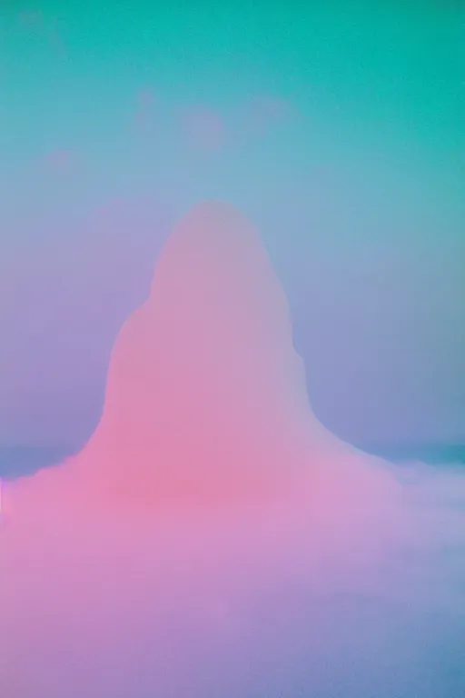 Image similar to high quality pastel coloured film close up wide angle photograph of a model wearing clothing swimming on cloud furniture in a icelandic black rock!! environment in a partially haze filled dreamstate world. three point light, rainbow. photographic production. art directed. pastel colours. volumetric clouds. pastel gradient overlay. waves glitch artefacts. extreme facial clarity. 8 k. filmic.