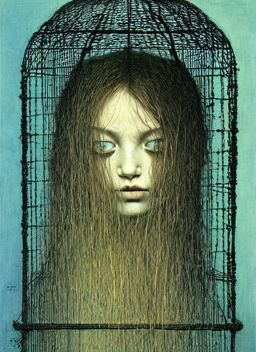Image similar to girl with long hairs inside birdcage by Beksinski