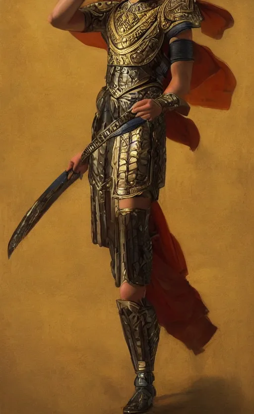 Image similar to full body portrait of an ancient roman character in incredible rich ornate armor, by ilya kuvshinov, by thomas lawrence, by bayard wu, trending on artstation, masterpiece