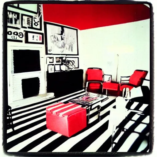 Prompt: “ a room with black and white chevron striped floors, red velvet drapes covering the walls, a black arm chair in the middle of the room, 1 9 8 0 s polaroid picture ”