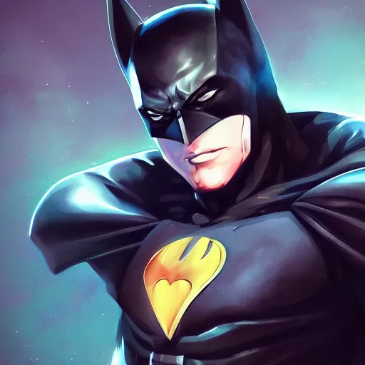 Prompt: A realistic anime batman, digital painting, by WLOP and Rossdraws, digital painting, trending on ArtStation, deviantart