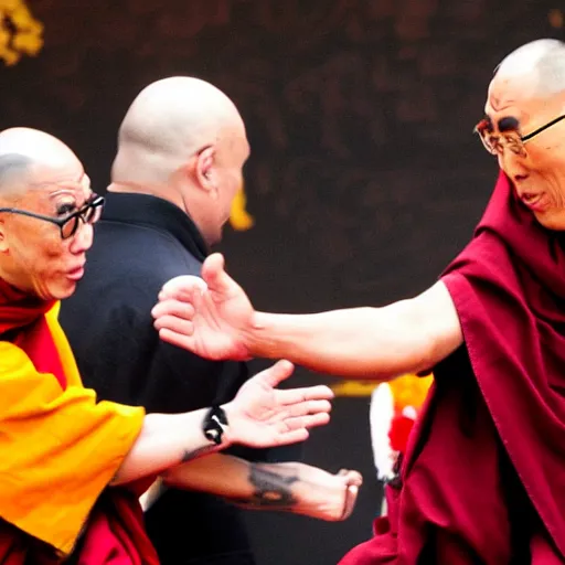 Prompt: furious dalai lama punches the camera