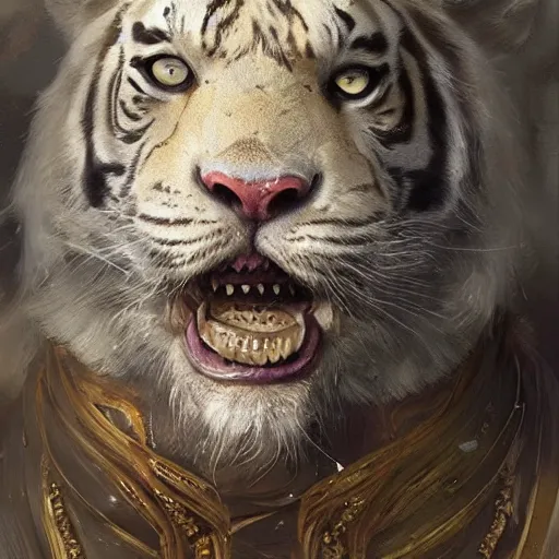 Image similar to a beautfiul award winning aesthetic commission of an antrho albino tiger wearing golden victorian aemour,digital art,art by greg rutkowski,character design by charles bowater,ross tran,photorealistic,detailed face,hyperdetailed,western comic,2021,artstation,deviantart,western comic style