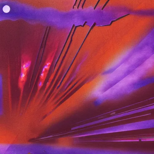 Image similar to a dark matter piece of purple sky with a red sun falls to the ground and breaks into fragments, metallic bridge, futurism, schizophrenia, hyperrealistic fall