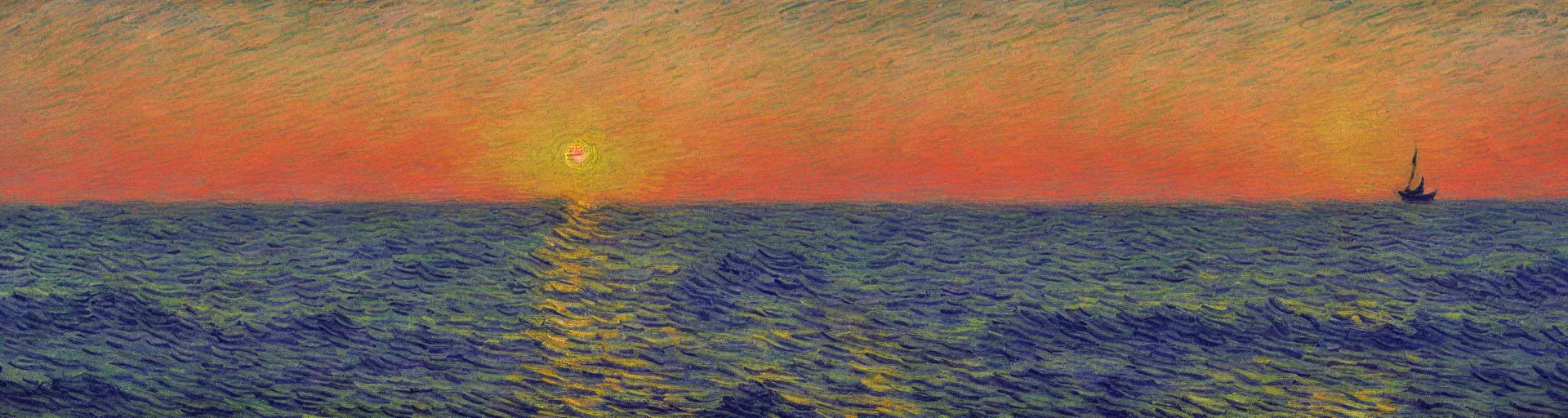 Image similar to An aesthetically pleasing, dynamic, energetic, lively, well-designed digital art of the ocean at sunset, light and shadow, by Claude Monet and Vincent Van Gogh, superior quality, masterpiece, excellent use of negative space. 8K, superior detail.