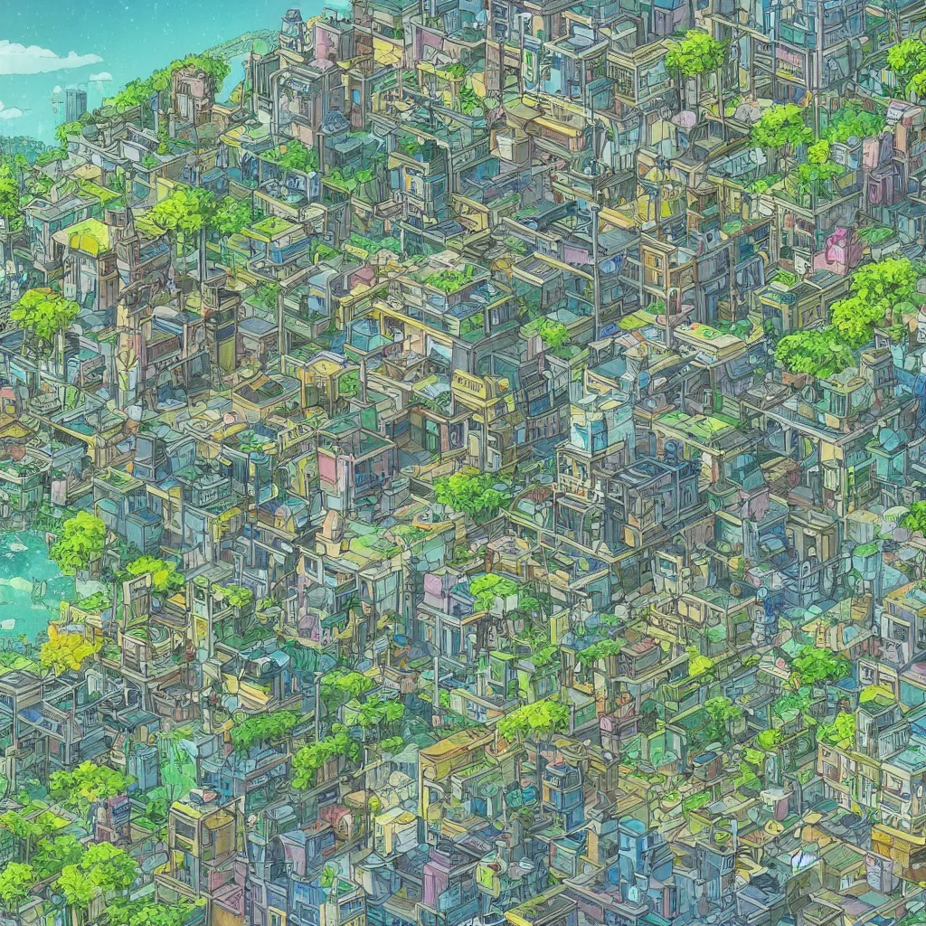 Image similar to a view of a solarpunk city in the style of studio ghibli