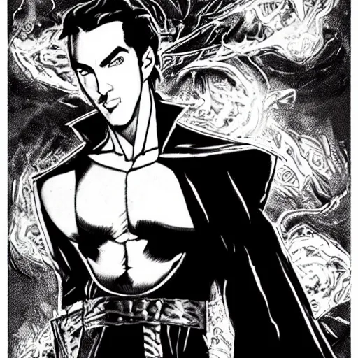 Image similar to pen and ink!!!! attractive 22 year old Dr. Strange Gantz marvel monochrome!!!! Frank Zappa x Ryan Gosling comic book Vagabond!!!! floating magic swordsman!!!! glides through a beautiful!!!!!!! battlefield magic the gathering dramatic esoteric!!!!!! pen and ink!!!!! illustrated in high detail!!!!!!!! graphic novel!!!!!!!!! by Hiroya Oku!!!!!!!!! and Frank Miller!!!!!!!!! published by Cartoon Network Adult Swim!! MTG!!! 2049 award winning!!!! full body portrait!!!!! action exposition manga panel