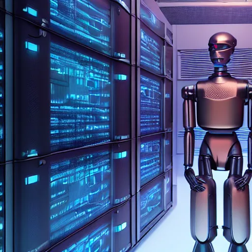 Prompt: hyperrealism stock photo of highly detailed stylish humanoid robot in futuristic sci - fi style by gragory crewdson and vincent di fate in the detailed data center by mike winkelmann and laurie greasley rendered in blender and octane render