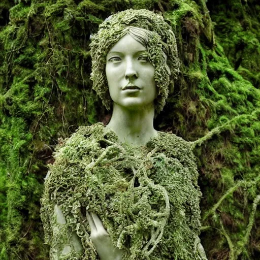 Image similar to A stone statue of a woman covered in vines and moss, hidden in the forest, absurdist art, trees