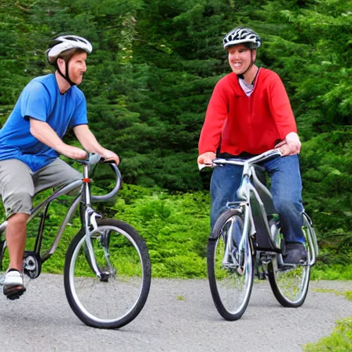 Prompt: two friends riding bicycles in Maine, very realistic, very detailed, photorealistic