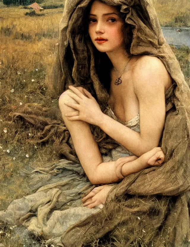 Image similar to tempting peasant girl with deep seductive décolleté looking in the camera, on a village, high angle view, portrait, Cinematic focus, Polaroid photo, vintage, neutral colors, soft lights, foggy, by Steve Hanks, by Serov Valentin, by lisa yuskavage, by Andrei Tarkovsky 8k render, detailed, oil on canvas